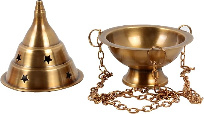 Brass Hanging Incense Burner Censer for Charcoal & Resin, Antique Brass Incense Holder with Chain, 4.5 Inch High