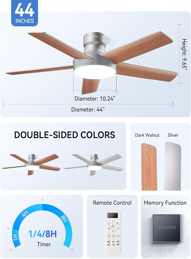 AKOFUN Ceiling Fans with Lights and Remote, Low Profile Ceiling Fan with Light, 6 Speed, Dimmable, DC Motor, Quiet, Timer, Modern LED Ceiling Fan for Bedroom Living Room 44 inch, Silver