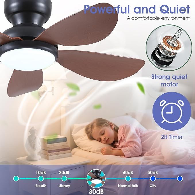 Kviflon 36 Inch Modern Ceiling Fans with Lights, Small Flush Mount Ceiling Fan with Light and Remote/APP Control, 5 Reversible 6 Speeds Curved Blades, 3 CCT Dimmable Lights for Kids Room, Brown