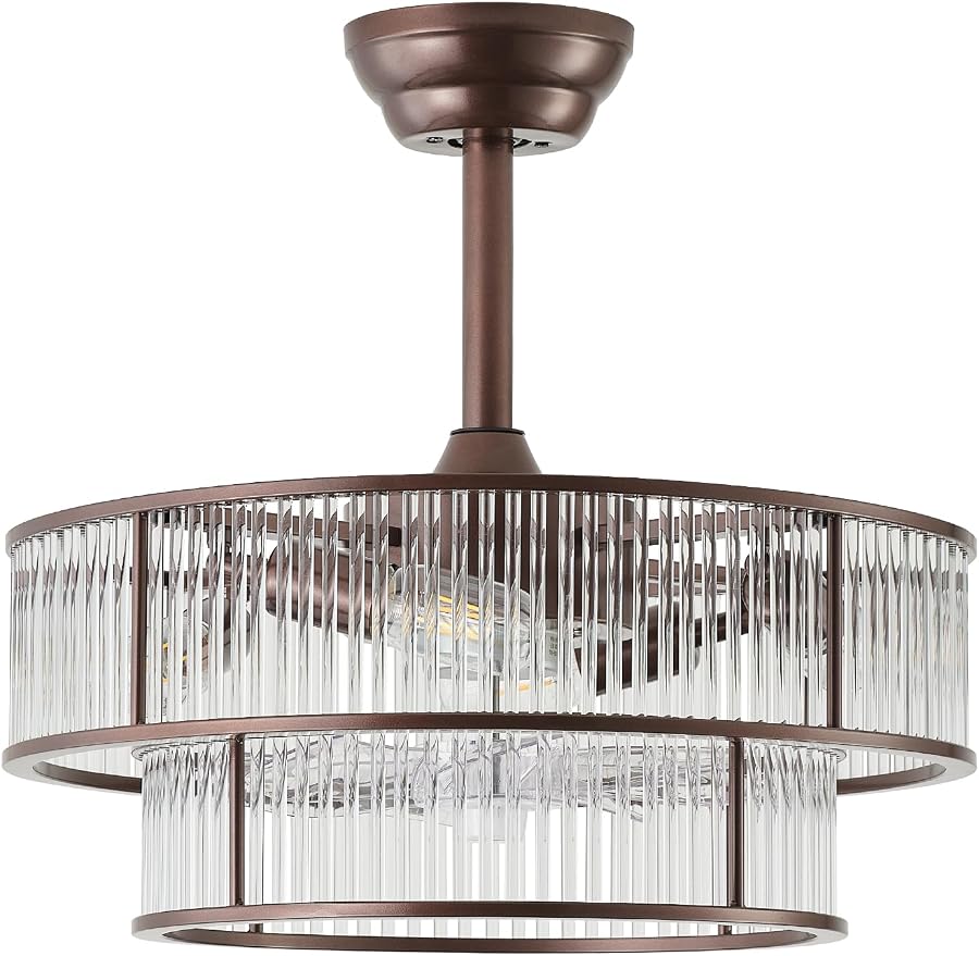 Brown Fandelier Ceiling Fans with Lights, 20" Brown Crystal Chandelier Ceiling Fan with Light Remote Control, Caged Mid Century with 6 Speeds for Bedroom, Living Room, Nursery