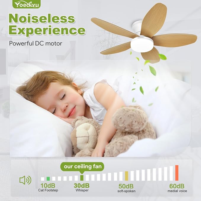 Ceiling Fans with Lights - 35 Inch Small Low Profile Ceiling Fan and Remote,Flush Mount Ceiling Fan with 5 Reversible Blades 6 Wind Speeds, White&Wood Modern Ceiling Fans for Bedroom Kitchen