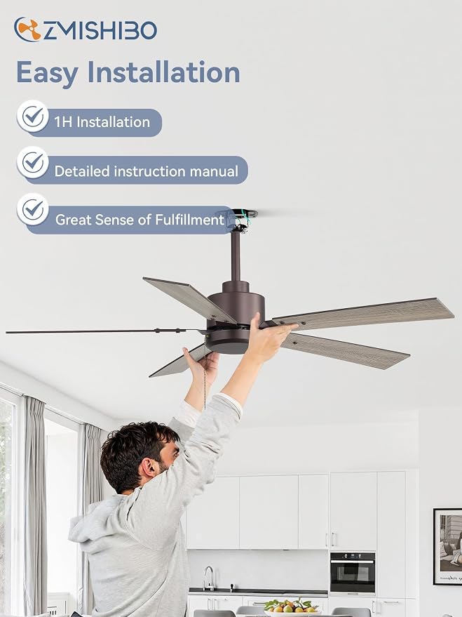 ZMISHIBO 52 Inch Ceiling Fan without Light, Farmhouse Ceiling Fan with Remote & Pull Chain, 6-Speeds, Quiet DC Motor, Brown Ceiling Fan no Light for Bedroom, office, Patio, Indoor/Outdoor Use