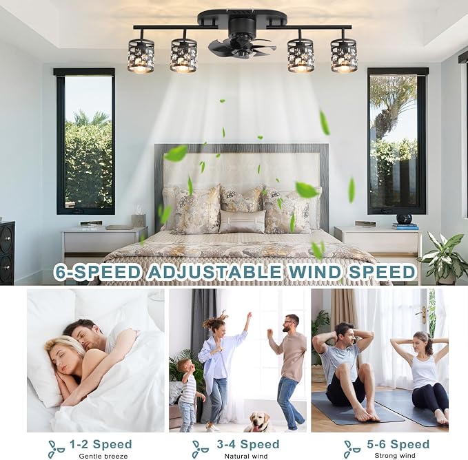 Garwarm Ceiling Fans with Lights and Remote,39.3" Kitchen Ceiling Fan,360° Rotatable Lampheads Bladeless Black Fandelier Flush Mount Ceiling Fans for Bedroom Dining Room Living Room（6 Speed, Timing）
