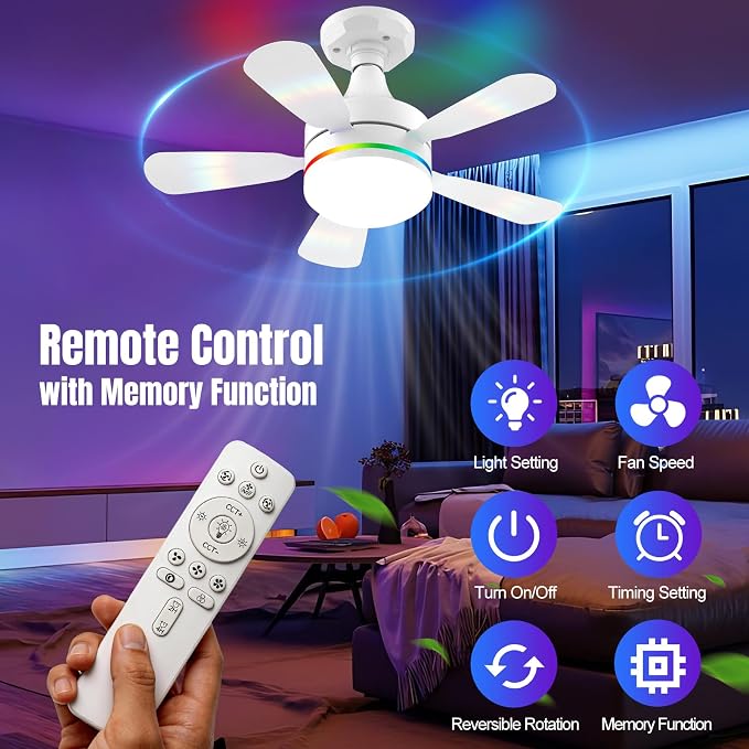 Socket Ceiling Fan with Light, E26 Base 17.5in - 3000LM Ultra Bright, Dimmable 3000K-6500K & RBG, 6 Speeds with Remote, Reversible Motor for Bedroom, Living Room, Kitchen