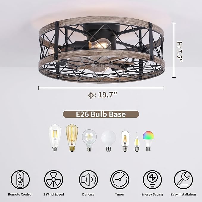 REDSTAR Flush Mount Caged Ceiling Fan with Lights, 20" Small Bladeless Ceiling Fans with Remote, Rustic Low Profile Ceiling Fans 6-Speeds Reversible Enclosed Ceiling Fan for Bedroom Kitchen Farmhouse