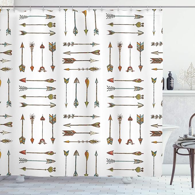 Ambesonne Ethnic Shower Curtain, Vintage Style Colorful Symbols Cartoonish Design, Polyester Fabric Bathroom Shower Curtain Set with Hooks, 69" W x 70" L, Tan White