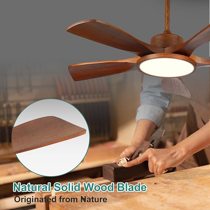 Wood Ceiling Fan with Lights and Remote Control 5 Solid Wooden Blades 42 Inch Modern Farmhouse Outdoor Ceiling Fan Light for Patios Living Room FCC Reversible DC Motor