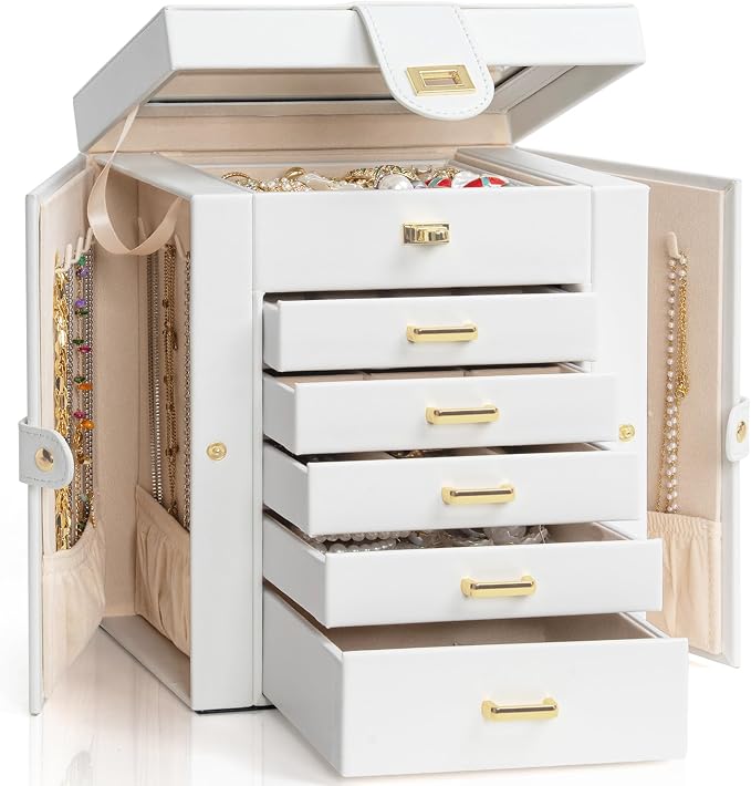 AKOZLIN 6-Tier Jewelry Box Organizer Functional 5 Drawers Leather Jewelry Storage Case for Women Girls Ring Necklace Earring Bracelet Holder Organizer with Mirror White Regular