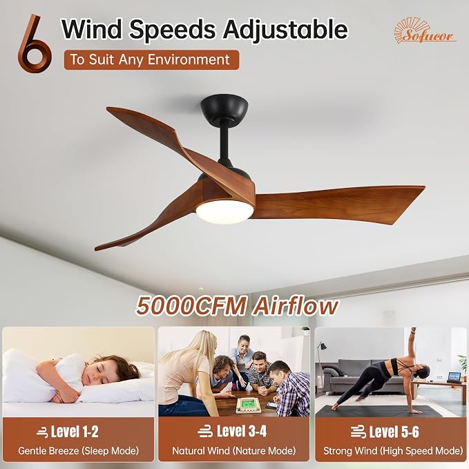 Sofucor 52 Inch Ceiling Fan with Light and Remote - 3 Solid Wood Blades, Quiet DC Motor, 6 Speeds 5000CFM, Dimmable Tri-Color LED with Memory, Timer & Reversible for Living Room, ETL, Walnut Wood