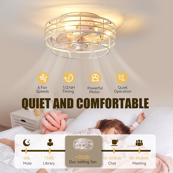 Ceiling Fan with Light and Remote, Modern Flush Mount Fan Lights Cage Ceiling Fixture, Bladeless 12 in 6 Speeds Fans with Lights for Kitchen Bedroom Living Room, White and Gold