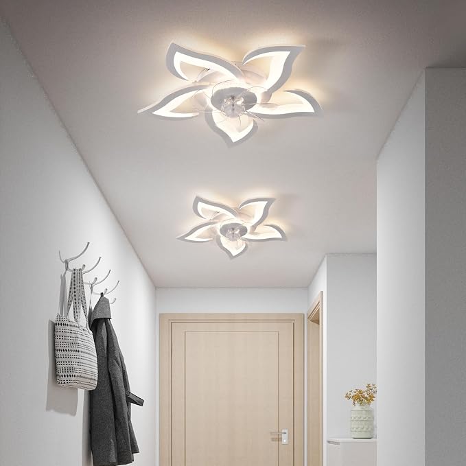 26" Geometric Ceiling Fan with Light Remote Control, 6 Speeds 3 Colors, White Low Profile Flush Mount Ceiling Light for Kitchen Bedroom Living Room