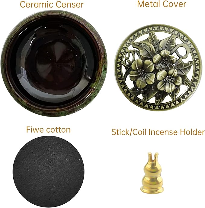 Ceramic Incense Burner with Calabash Incense Holder, 3 in 1 Stick or Cone Coil Incense Burner, Brass Lid for Yoga Spa Meditation