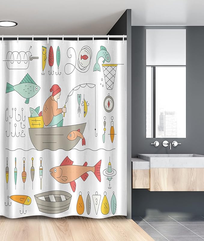 Ambesonne Nautical Stall Shower Curtain, Fishing Gear Fisherman in The Boat Catching Fish Rod Bobber Tackle, Fabric Bathroom Decor Set with Hooks, 54" W x 78" L, Green Mustard