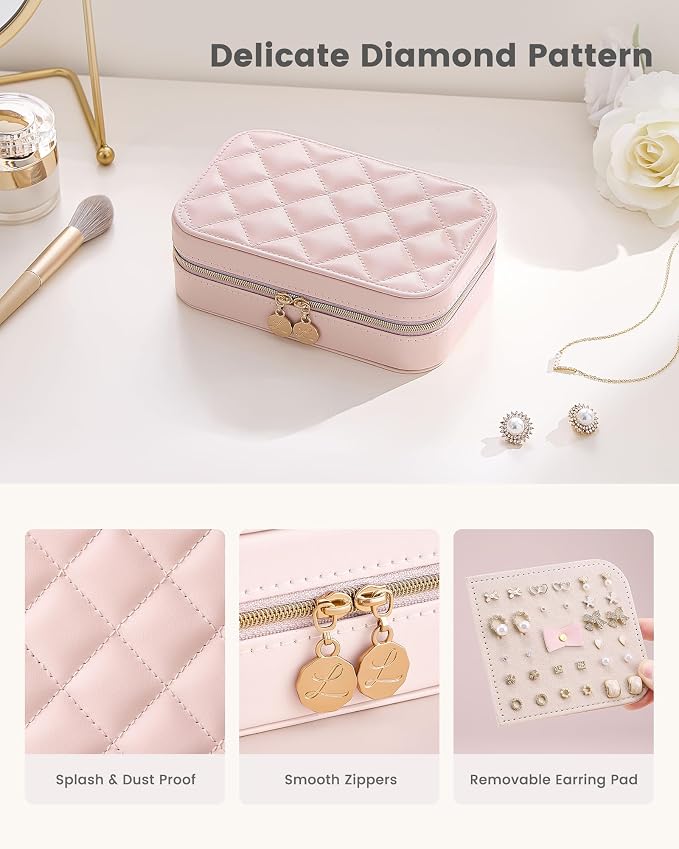 Lolalet Travel Jewelry Case for Women Girls, PU Leather Jewelry Organizer with Clear Storage Bag Small Portable Jewelry Box for Necklace Bracelet Earring Ring Birthday Bridesmaid Gifts -Medium/Pink