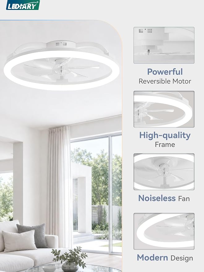 LEDIARY 23 Inch Ceiling Fans with Lights and Remote, Dimmable Fan Light | 6 Speed, Reversible, APP & Remote Control, Low Profile Flush Mount Ceiling Fan for Bedroom, White
