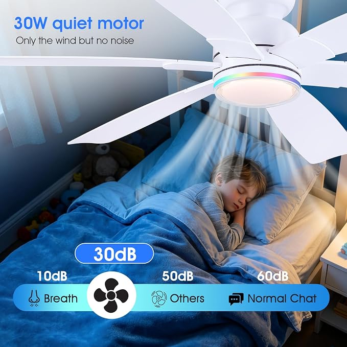 Kviflon 52" Modern Ceiling Fans with RGB Lights Remote/APP Control, Low Profile Flush Mount Ceiling Fan, 6 Reversible Plastic Blades 6 Speeds, RGB + 3 CCT Dimmable Lights for Bedroom Kidsroom, White