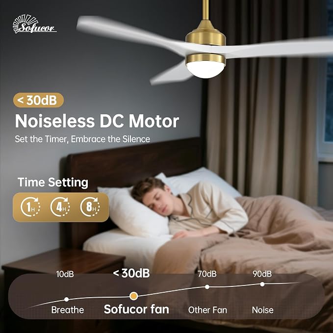 Sofucor 52" Solid Wood Ceiling Fan Lights, Flush Mount & Downrod Mount Ceiling Fan with Lights and Remote, Wood Blades Modern Outdoor Ceiling Fans for Bedroom/Farmhouse/Patio/Indoor