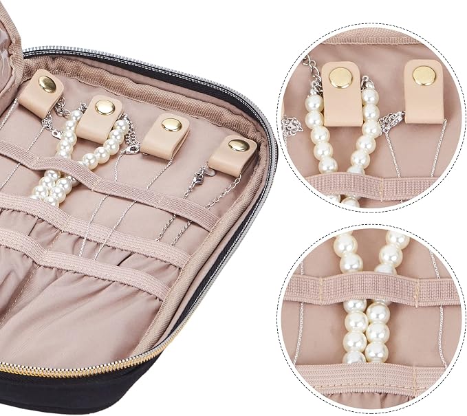 NISHEL Travel Jewelry Case Organizer, Tangle-Free Necklace Storage Bag | Stores rings, earrings, bracelets and watches in a compact case for travel, vacations and daily use, Black, Medium