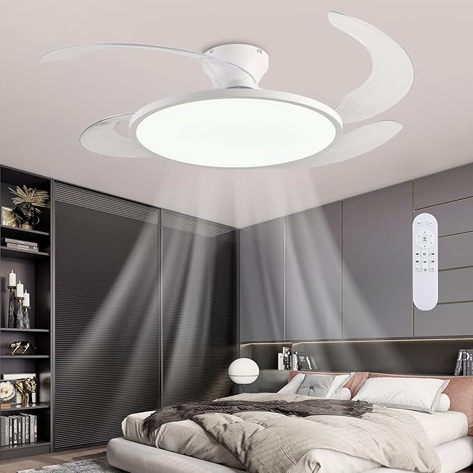 AHAWILL 48'' Retractable Ceiling Fan,Full Spectrum Low Profile Ceiling Fan with Light and Remote,Modern White Fan for Dinning Room Living Room Bedroom,Retractable Blades,Dimmable,Timer Setting