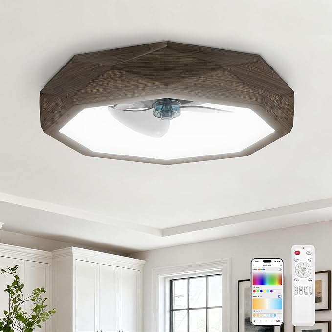 RGB Ceiling Fans with Lights and Remote, Modern Smart LED Ceiling Fans Light, 6 Speeds & 3000K-6500K Dimmable, Quiet Bladeless Fandelier Ceiling Fan with Light for Bedroom (22In,Walnut Wood)
