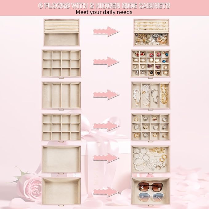 AKOZLIN 6-Tier Jewelry Box Organizer Functional 5 Drawers Leather Jewelry Storage Case for Women Girls Ring Necklace Earring Bracelet Holder Organizer with Mirror Extra Large Champagne Pink