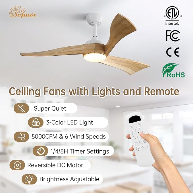 Sofucor 52 Inch Ceiling Fan with Light and Remote - 3 Solid Wood Blades, Quiet DC Motor, 6 Speeds 5000CFM, Dimmable Tri-Color LED with Memory, Timer & Reversible for Living Room, ETL, Nature Wood