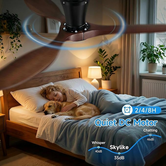 Skylike 42" Flush Mount Wood Ceiling Fan with Lights, 3 Blade Low Profile Farmhouse Ceiling Fan with Remote Control,Quiet Indoor/Outdoor Dark Walnut Ceiling Fan for Patio,Gazebo, Balcony, Living Room
