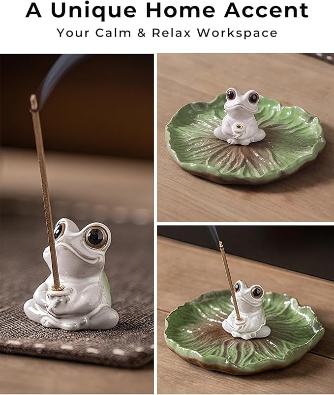 Ceramic Incense Stick Holder - Cute Frog Incense Burner with Lotus Leaf Tray Ash Catcher, Handcrafted Zen Decor for Home, Meditation, Yoga, Gift