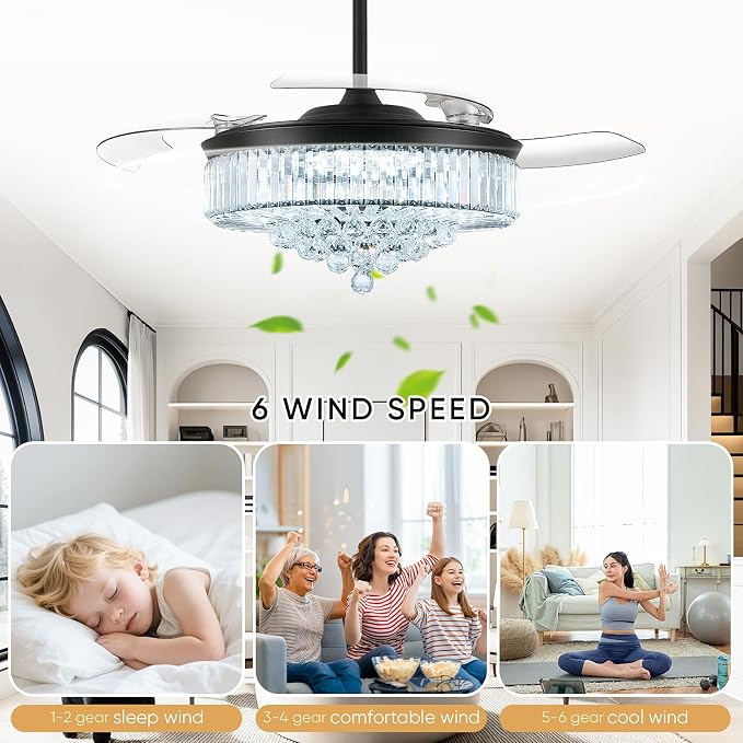 FIDGRA 52 Inch Fandelier Ceiling Fan with Light, Retractable Chandelier Fan, 3 Color Temperature, 6 Wind Speed, Crystal Ceiling Fan for Bedroom Living Room Dining Room-Black