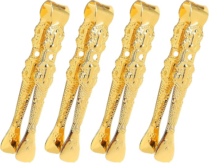 4 pcs Golden Incense Tongs, Vintage Charcoal Tongs with Floral Engraved Handle, Metal Incense Burner Clamp, Design Incense Clip (10.5CM)