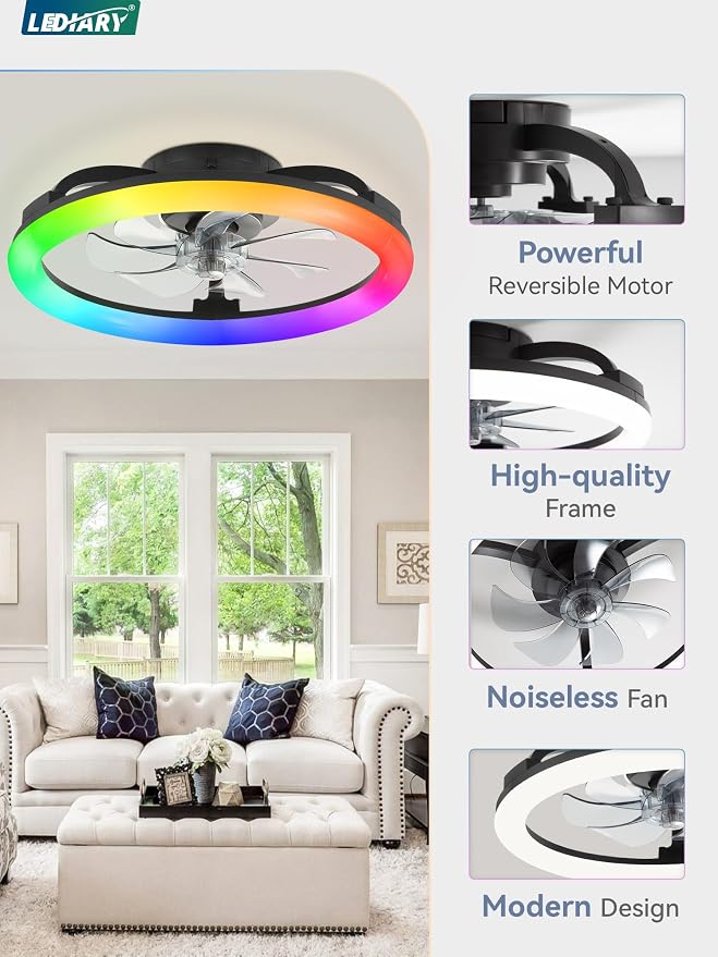 LEDIARY RGB Low Profile Ceiling Fans with Lights and Remote, 20 Inch Dimmable Modern Fan Light(3000K-6000K), 6 Speed, Reversible, APP & Remote Control, Flush Mount Ceiling Fan for Bedroom, Black