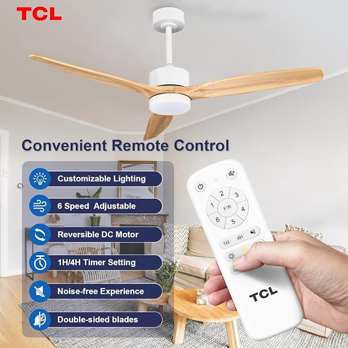 TCL Ceiling Fans with Light and Remote: 52 inch 3 Wooden Blades 3 Dimmable LED Fan for Room Indoor Modern Farmhouse Decor - 6 Speed Memory DC Reversible Fan Lights (Natural Wood, 52 Inch)