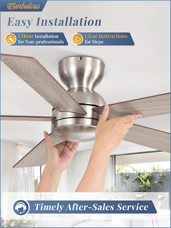 48 Inch Flush Mount Ceiling Fans without Lights, Brushed Nickel Modern Ceiling Fan no Lights, 6-Speeds, Quiet Reversible DC Motor, Indoor/Outdoor Ceiling Fans for Patios, Living Room, Bedroom