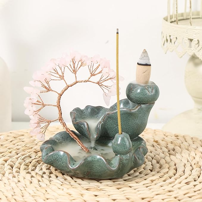 Incense Waterfall Moon Backflow Incense Burner Ceramic Incense Holders Rose Stone Crystal Tree Incense Holder Namaste Yoga Meditation and Home Decor