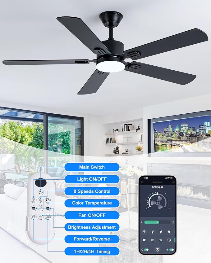 Coolwind 56 Inch Black Modern Ceiling Fan with Display Remote/APP Control, Quiet Ceiling Fan with Light with 8 Speeds & 3CCT, Dimmable, Timer, DC Reversible Motor for Bedroom, Living Room