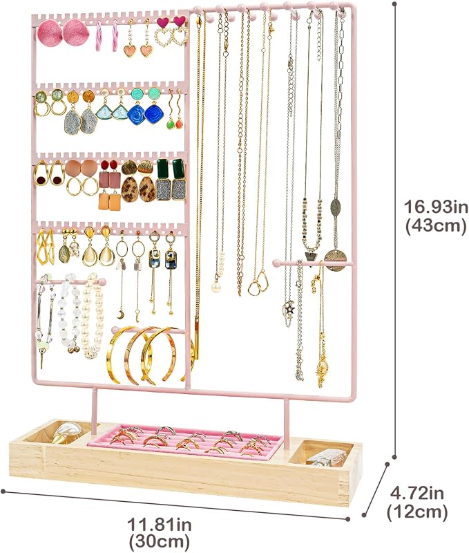 ProCase Jewelry Organizer Stand Earring Holder Organizer, 6 Tiers Earring Organizer Tree Necklace Rack Jewellery Tower Bracelets Holder Storage with Removable Wooden Ring Tray for Women Girls -Pink