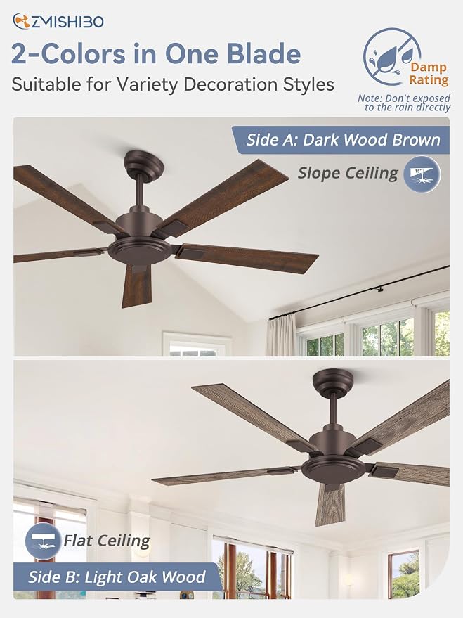 ZMISHIBO 52 Inch Ceiling Fan No Light with Remote Modern Bronze Ceiling Fan with Quiet Reversible DC Motor, 6-Speeds 5 Blades, Indoor/Outdoor Ceiling Fans Without Light for Patio, Living Room, Garage