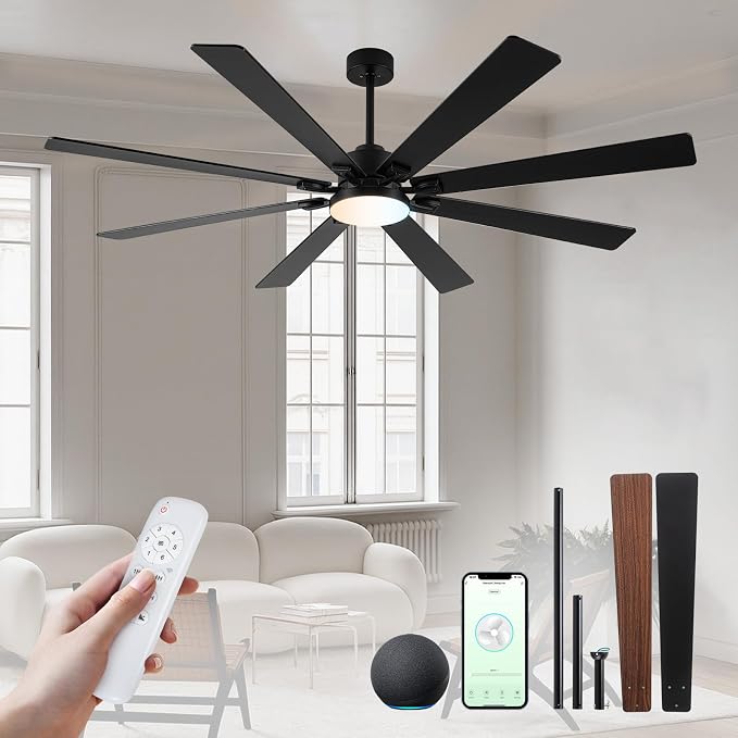 Minislak 72 Large Smart Ceiling Fan with Lights and Remote,Black Indoor & Outdoor Ceiling Fan for Living Room,Patio,6 Speed,Quiet DC Motor,3CCT,8 Wooden Blades