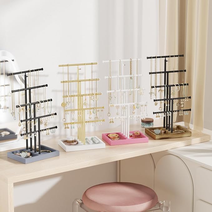 Love-KANKEI Jewelry Organizer Stand 5-Tier,Adjustable Height,White/Gold | Metal Rod,Solid Wood Base,Easy to Install,Tree Style,Display Long Necklaces,Bracelets,Earrings,Rings,Watches,Bangles,Gift