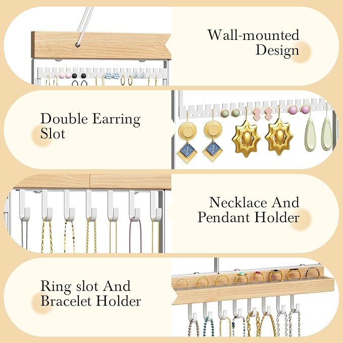 Large Rotating Hanging Jewelry Organizer, 5-Tier Wall Mounted Earring Holder for 180 Pairs, Jewelry Rack for Earrings, Necklaces, Bracelets & Rings, Necklaces, Bracelets & Rings, for Girls, White