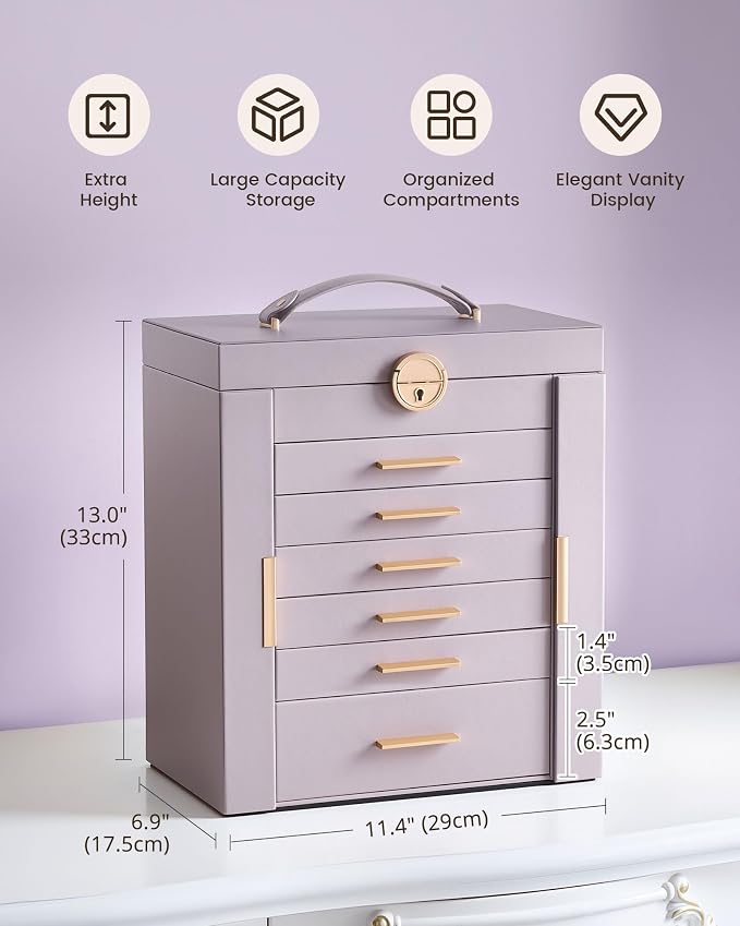 Lolalet Large Jewelry Box Organizer for Women, 7-Layer Jewelry Organizers and Storage Case with Mirror & 6 Drawers, Lockable Watch Ring Earring Bracelet Necklace Holder Girls Gift -7Layer, HazePurple