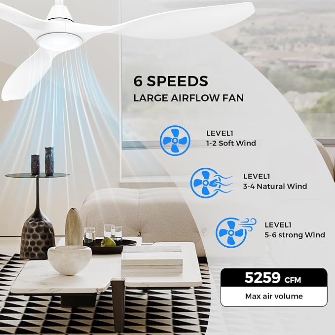 Roomratv Ceiling Fans with Lights and Remote Control,Quiet Noiseless Reversible DC Motor,6 Speeds,Timers, 3 CCT, Indoor Use, Plastic Blades,52 Inch White Ceiling Fan Smart APP Control for Living Room