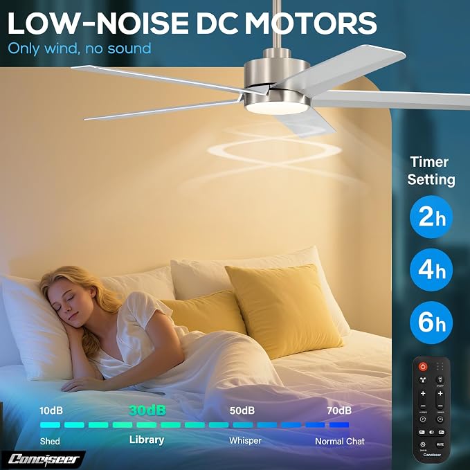 Conciseer 52 Inch Ceiling Fans with Lights and Remote for Bedroom Living Room Kitchen Office, Indoor/Outdoor Use, 3CCT Dimmable, 5 Blades 6 Speed Reversible Quiet DC Motor, Sand-nickel/Silver
