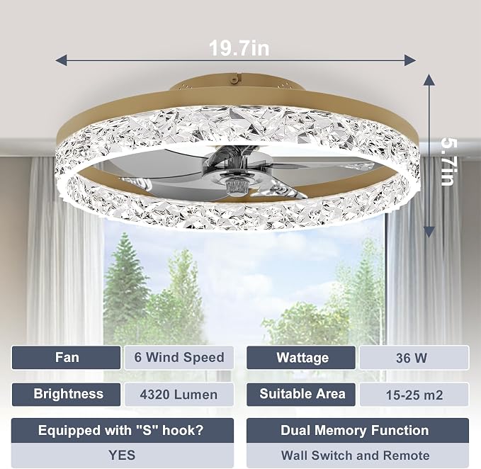 VOLISUN Fandelier Ceiling Fans with Lights and Remote, 19.7in Low Profile Ceiling Fan Flush Mount, 3000K-6500K Dimmable, Modern Ceiling Fans with Lights for Bedroom, Living Room, Kitchen(Gold)