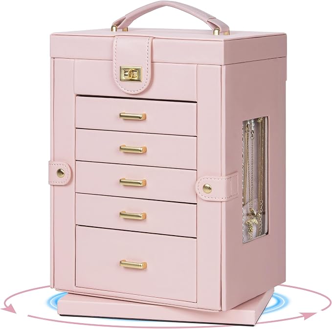 AKOZLIN 6-Tier Jewelry Box Organizer Functional 5 Drawers Leather Jewelry Storage Case for Women Girls Ring Necklace Earring Bracelet Holder Organizer with Mirror Pink 360° Rotating