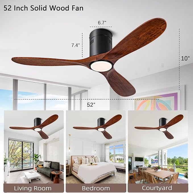 52” Ceiling Fan with Light with 6 Speed Remote/APP Control, Solid Wood Fan Blade, 3CCT Dimmable LED, Silent, Recessed Ceiling Fan for Bedroom, Hallway