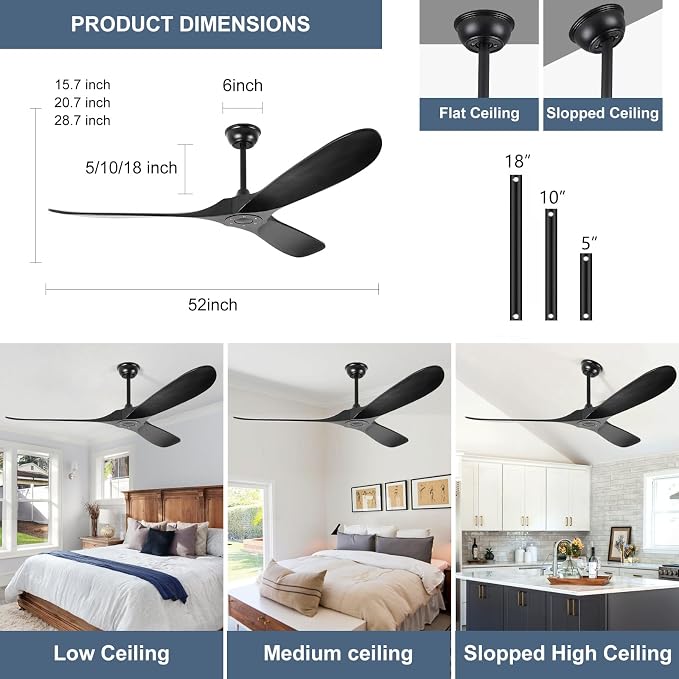 52'' Solid Wood Ceiling Fan without Light,Modern Black Ceiling Fans with Remote Control,Quiet and Reversible DC Motor,Outdoor Ceiling Fan for Garage,Porch,Living Room,Bedroom