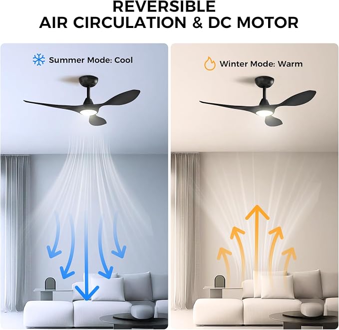 Roomratv Ceiling Fans with Lights and Remote Control,Quiet Noiseless Reversible DC Motor,6 Speeds,Timers, 3 CCT, Indoor Use, Plastic Blades,42 Inch Black Modern Ceiling Fan for Bedroom Living Room