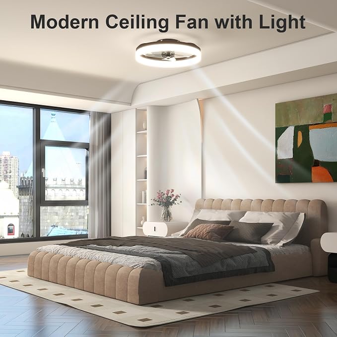 VOLISUN Low Profile Ceiling Fans with Lights and Remote, 19.7in Fandelier Ceiling Fan with Light, 3000K-6500K Dimmable Bladeless LED Fan Light, Brown Flush Mount Ceiling Fans with Lights for Bedroom