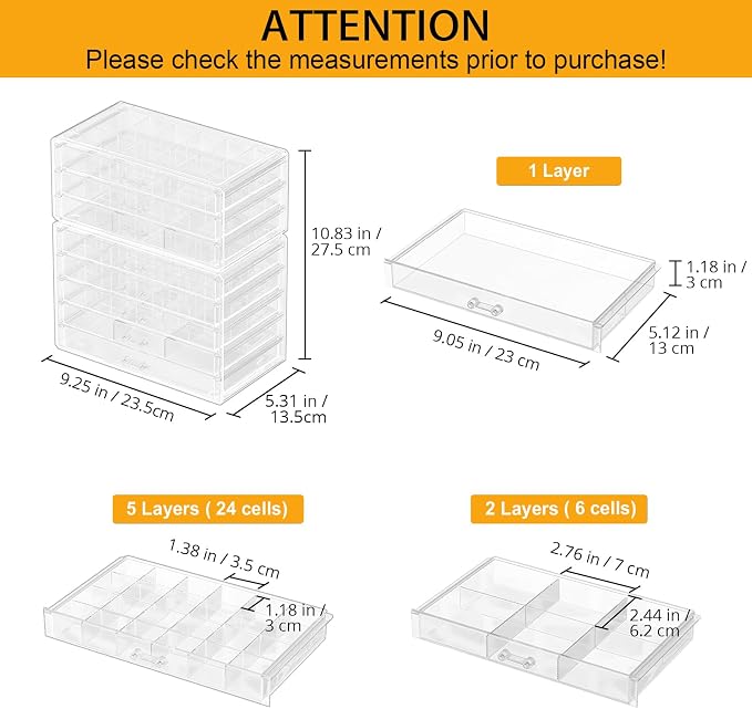 ProCase Acrylic Earrings Holder Organizer Box -Clear, 8 Layers | 133 Jewelry Storage Grid Large Clear Compartments Transparent Stackable Drawers Jewelry Display for Earring Ring Bracelet